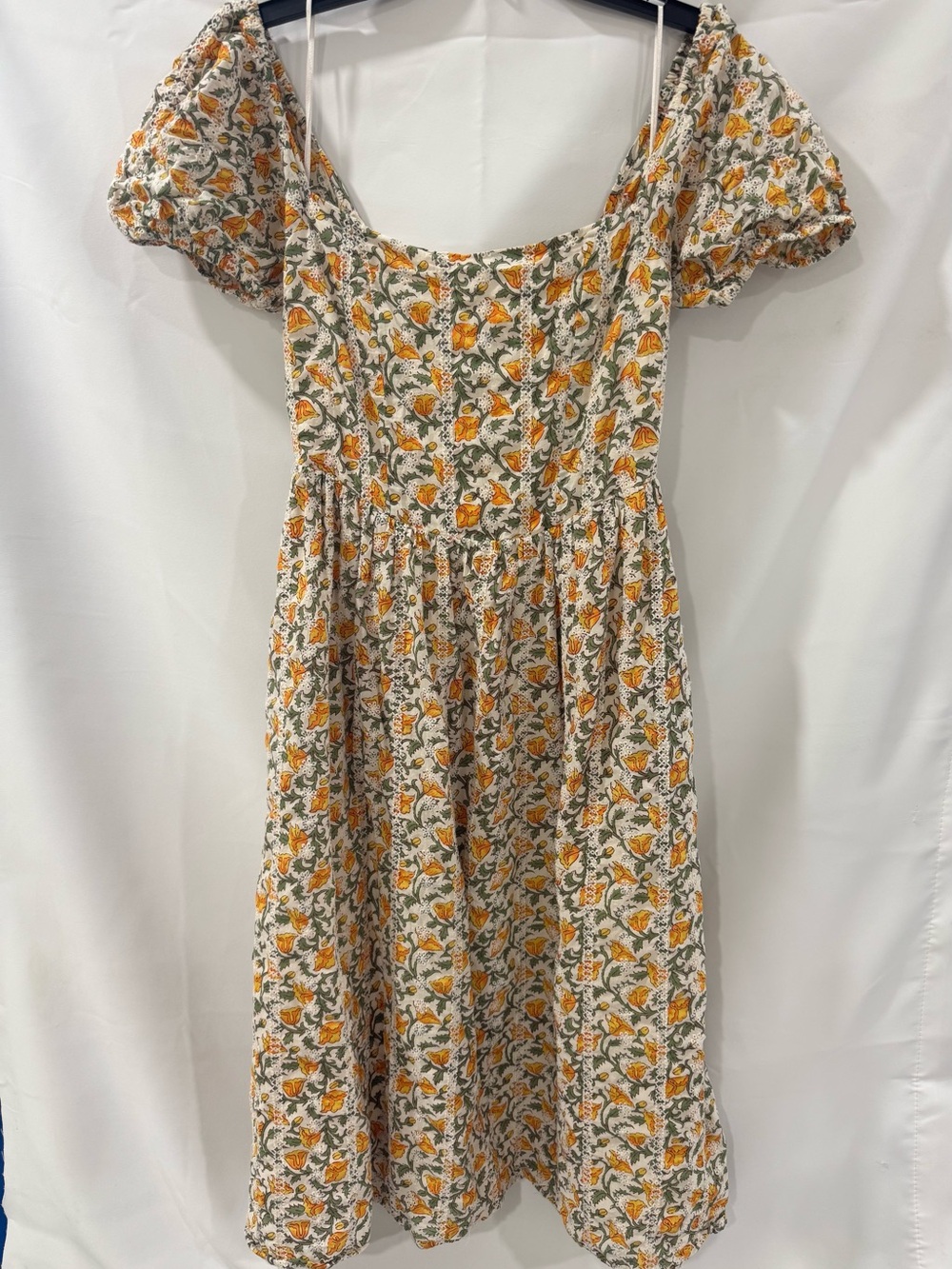 Floral Puff-Sleeve Cream Midi Dress with Yellow Print